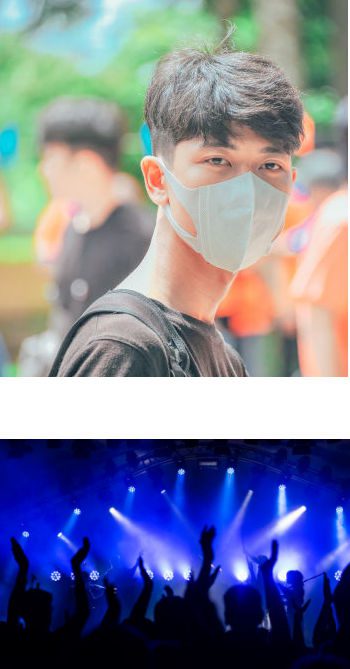 Two image composite: young man in COVID mask, and others partying wildly and carelessly