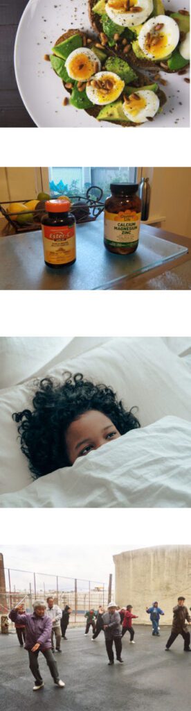 Four-image composite:healthy food, nutrition supplements, getting rest for health, and group Tai Chi Chuan practice